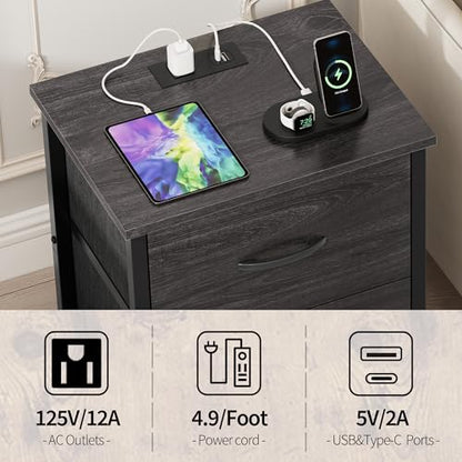 Vagusicc Nightstand with Charging Station, Bedside Table with USB Ports and Outlet, End Table Side Table with 2 Fabric Drawers for Bedroom, Living Room, Gray Walnut - color: Gray Walnut (1 Pack)