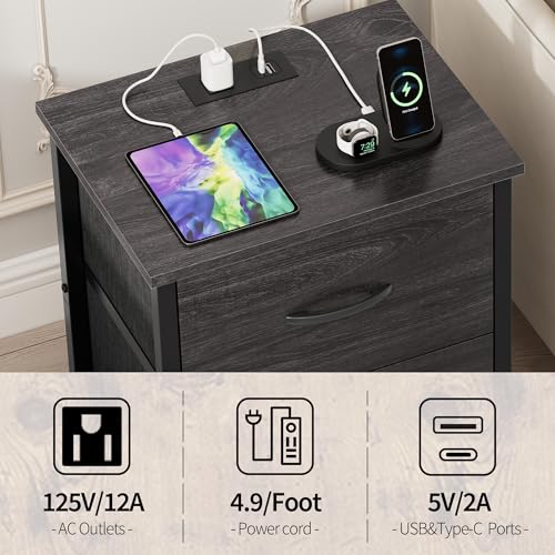 Vagusicc Nightstand Set of 2 with Charging Station, End Table Bedside Table with Power Outlet & USB Ports, Side Table with 2 Fabric Drawers for Bedroom, Living Room, Gray Walnut - color: Gray Walnut (2 Pack)