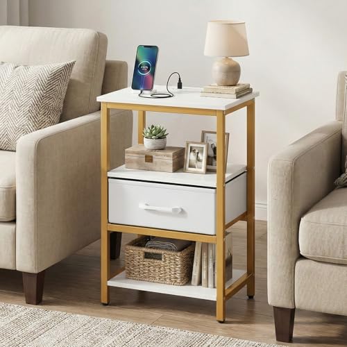 KOMFOTT Nightstand with Charging Station, Bedside Table with Fabric Drawer & Open Storage Shelves, End Table with Metal Frame, Modern Side Table for Bedroom, Small Space, Golden & White (1)