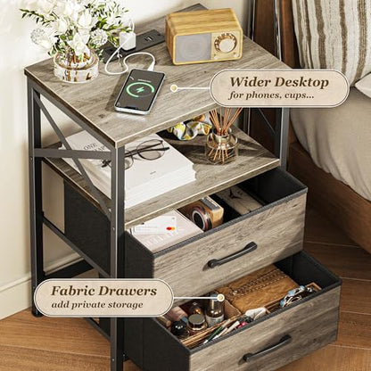 Huuger Nightstands Set of 2, Night Stand with Charger Station, 2 Drawer Side Table with Open Shelf, USB-C Port, End Table for Small Spaces, X Shaped Side Rail, Oak - color: Oak