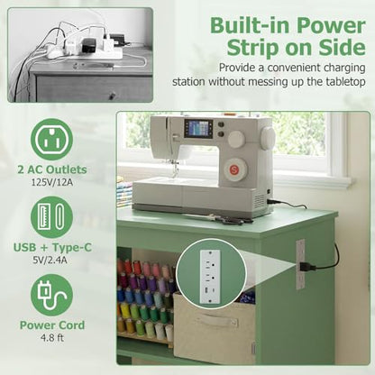 Giantex Folding Sewing Table with Charging Station, Storage Trays & Shelf | Rolling Craft Table with Lockable Wheels, Foldable Sewing Machine Cabinet Desk for Small Spaces, Dorms, Sage - color: Sage