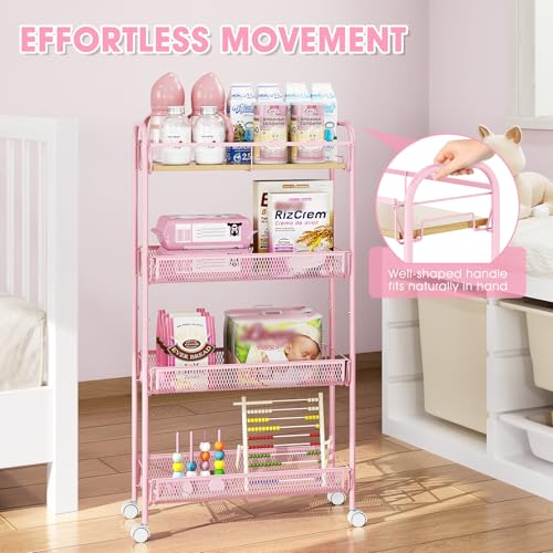 TOOLF 4-Tier Slim Rolling Cart, Metal Storage Cart with Wooden Tabletop and Mesh Baskets for Narrow Space on Kitchen Bathroom Laundry Room Bedroom Apartments Dormitory - size: Slim, style: Pink