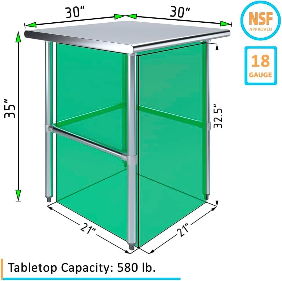 30" x 30" Open Base Stainless Steel Work Table – NSF Certified Narrow Commercial Prep Table with Galvanized Legs for Kitchens, Labs & Food Trucks - size: 30"x30"