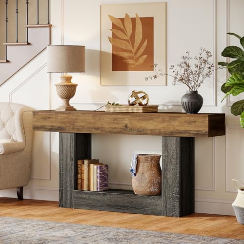 Tribesigns 63-Inch Long Console Table, 2-Tier Entryway Table Sofa Table with Storage, Farmhouse Wood Behind Couch Tables for Living Room, Hallway, Rustic Brown & Gray - color: Rustic Brown & Gray