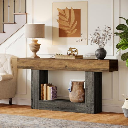 Tribesigns 63-Inch Long Console Table, 2-Tier Entryway Table Sofa Table with Storage, Farmhouse Wood Behind Couch Tables for Living Room, Hallway, Rustic Brown & Gray - color: Rustic Brown & Gray