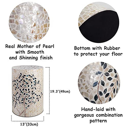 PEMAR Mother of Pearl Cylinder Drum End Table Nacre Side Stool Round Accent Table Coffee Bedside Nightstand and Vanity Stool Olive Tree 13" Diameter x 19.3" High - color: Olive Tree