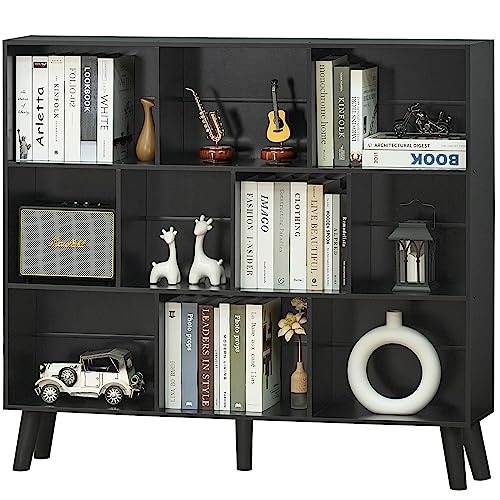 YAHARBO 10 Cube Bookshelf,3 Tier Bookcase with Legs,Black Mid-Century Modern Bookshelves,Large Free Standing Open Storage Organizer Shelf,Tall Wooden Book Case Furniture for Bedroom,Living Room,Office - color: Black, size: 120CM