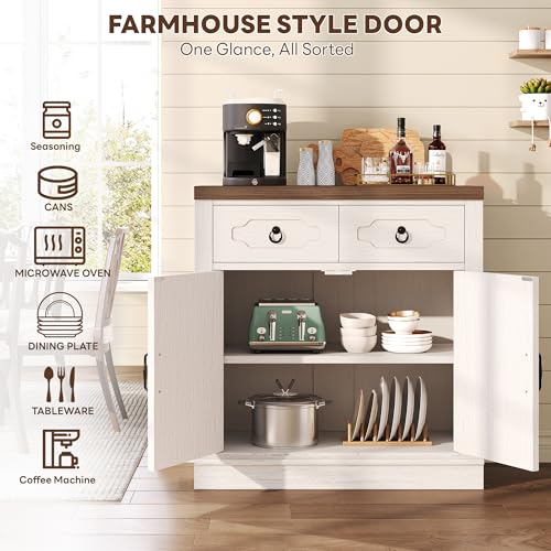 LIKIMIO Buffet Cabinet with 2 Drawers, 32" Sideboard Buffet Storage Cabinet with Doors and Shelves, Farmhouse Coffee Bar Station Kitchen Cabinet for Dining Room, Living Room, Entryway, White