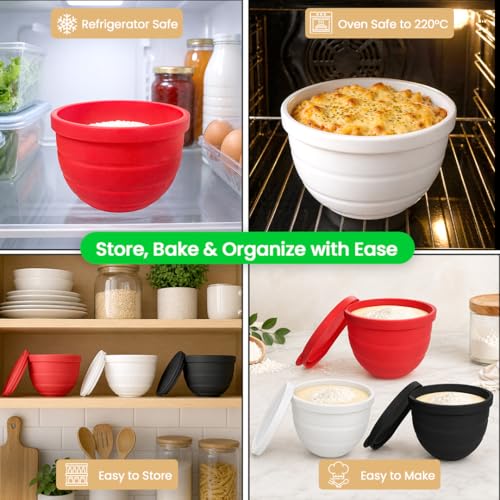 3 Pack Silicone Bowl Liner Set with Lids – 5QT Foldable Mixing Bowl Inserts for Stand Mixers, Dishwasher & Microwave Safe, Reusable Non-Stick Baking & Cooking Accessories