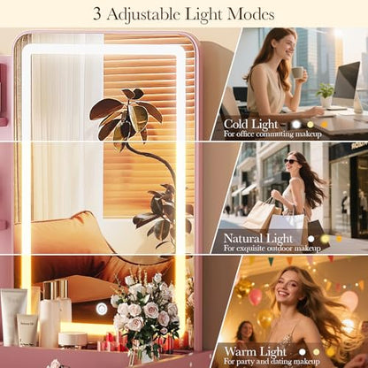 Memobarco Small Vanity Desk with Mirror and Lights, Makeup Vanity with Drawer & Storage Shelves, Vanity Desk with 3 Lighting Modes & Adjustable Brightness, Dressing Table for Women Girls Bedroom, Pink - color: Pink