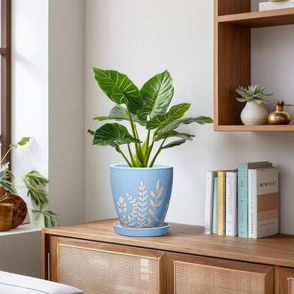 6 Inch Ceramic Plant Pot with Saucer - Small Flower Pot with Drainage for Succulents & Herbs, Boho Desk Home Office Room Decor, Plant Lovers Gifts, Blue - size: 6 Inch