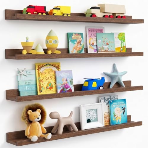 Forbena 36 Inch Picture Ledge Shelf, Floating Nursery Shelves for Wall | Solid Wood Material | Lip Edge | Ideal for Living Room Kids Bedroom Office Photo Frame Display | Walnut Brown | 4 Pack - color: Walnut, size: 36 Inch
