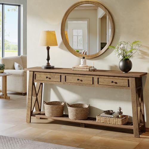 Tribesigns Console Table with 3 Storage Drawers, 70.87 Inches Extra Long Sofa Table Behind Couch with Bottom Shelf, Farmhouse Wooden Entryway Hallway Foyer Table for Living Room, Entrance (Brown) - color: Brown