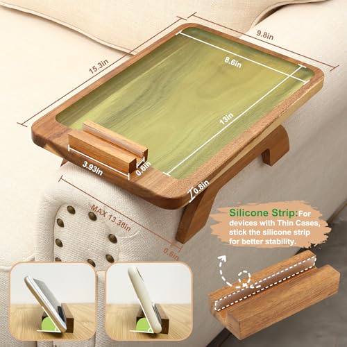 SINWANT Couch Arm Tray, Acacia Wood Sofa Arm Rest Table Clip on Wide Armrest,Folding Anti Slip Couch Armrest Table with 360° Rotating Phone Holder for Snacks,Drinks,Remotes - color: Acacia Wood