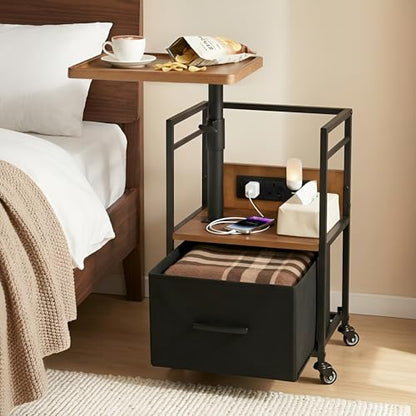 Small Bedside Table with Charging Station, Rolling Side Table with Wheels, Small Nightstand with Drawer Storage for Bedroom - Natural Wood with Tray - color: Natural Wood - Tray Style