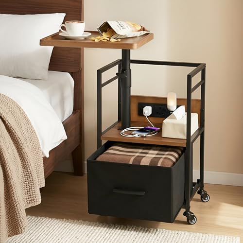 Small Bedside Table with Charging Station, Rolling Side Table with Wheels, Small Nightstand with Drawer Storage for Bedroom - Natural Wood with Tray - color: Natural Wood - Tray Style
