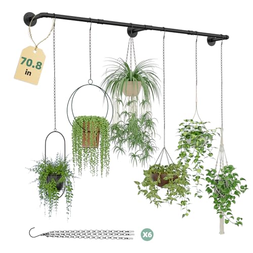 Galood Plant Hanger Indoor with 6 Hanging Chains Hanging Planters for Indoor Plants Hanging Plant Holder Window Plants Rod Black Metal Shelves(70.8 Inch Pot not Included - size: Black 70.8in
