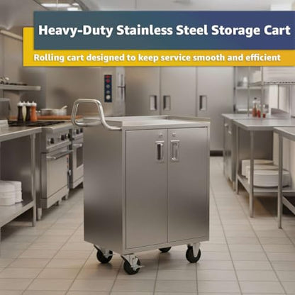 16" x 24" Stainless Steel Utility Cart with Enclosed Base and Locking Doors - 3 Shelf Heavy-Duty 18-Gauge 304 Steel Rolling Cabinet - NSF Commercial Service Cart for Kitchen, Catering, Restaurant - size: 3 Shelf