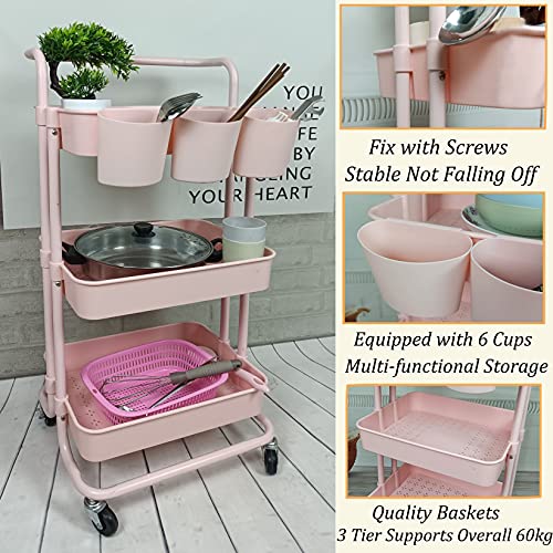 3 Tier Utility Rolling Cart Storage Organizer Shelf Rack with 6PCS Hanging Cups for Home Office Kitchen Bathroom Storage (Pink)