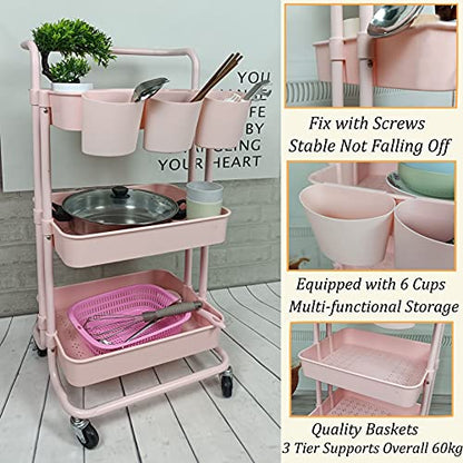3 Tier Utility Rolling Cart Storage Organizer Shelf Rack with 6PCS Hanging Cups for Home Office Kitchen Bathroom Storage (Pink)