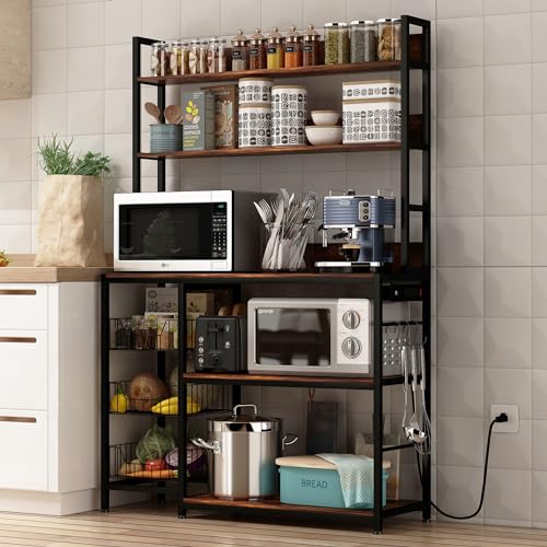 Bakers Rack with Baskets and Power Outlet, 5-Tier Kitchen Utility Storage Shelf with Hooks, Microwave Oven Stand Rack, Vintage Brown Free Standing Kitchen Shelf - color: Brown With Power Outlet