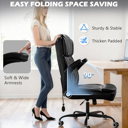 450LBS Big and Tall Executive Office Chair with Flip up Arm, Heavy Duty PU Leather Computer Desk Chair,Comfortable High Back Swivel Home Office Chair with Rolling for Adults,Spring Cushion,Metal Base - color: Black
