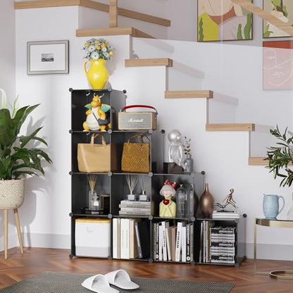 C&AHOME Cube Storage Organizer, 9-Cube Bookcase, Closet Cabinet Black | DIY Stackable Bookshelf, Plastic Modular Shelving Units Ideal for Home, Office, Kids Room, 36.6" L x 12.4" W x 48.4" H - color: Black