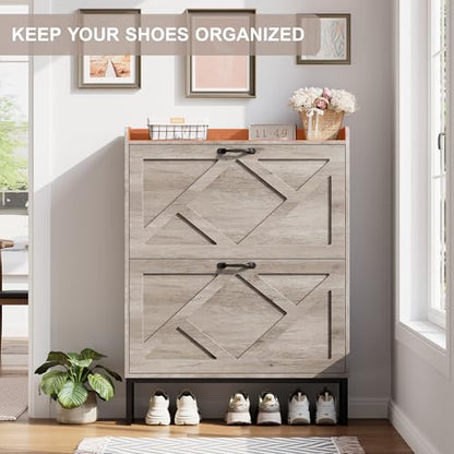 Nicetree Shoe Storage Cabinet with 2 Flip Drawers, Freestanding Shoe Organizer, Shoe Cabinet with Metal Legs, Narrow Shoe Rack Cabinet, Farmhouse Slim Shoe Cabinet for Entryway, Hallway, Rustic Gray - color: Grey