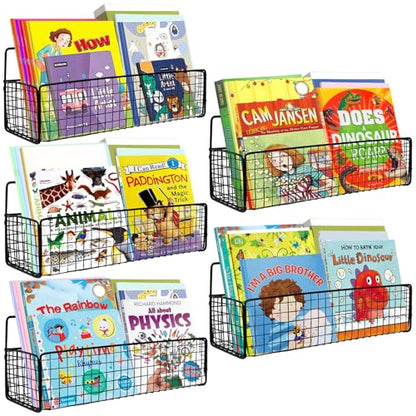 5-Pack Black Metal Wall Mounted Kids Bookshelf, Modern Style, 5 Shelves, Hanging Book Shelf Organizer for Kids Room, Bedroom, Kitchen, Nursery - color: Black