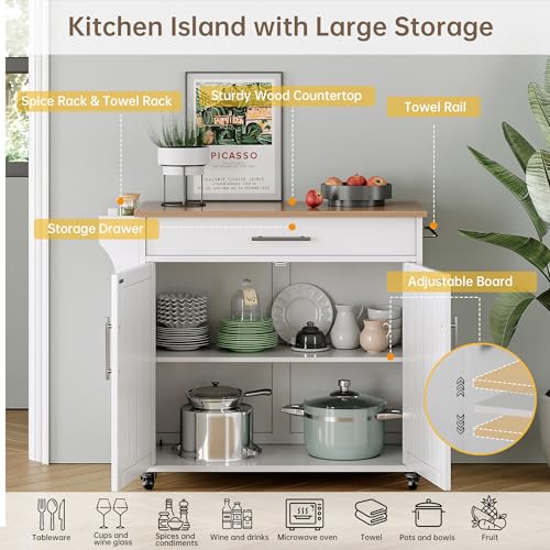 Kitchen Island with Storage, Wooden Rolling Kitchen Island On Wheels with Wood Top, Mobile Kitchen Bar Cart Cabinet with Towel Rack, Spice Rack and Drawers, White - color: White