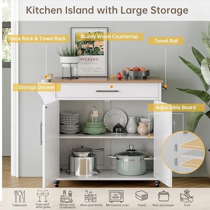 Kitchen Island with Storage, Wooden Rolling Kitchen Island On Wheels with Wood Top, Mobile Kitchen Bar Cart Cabinet with Towel Rack, Spice Rack and Drawers, White - color: White