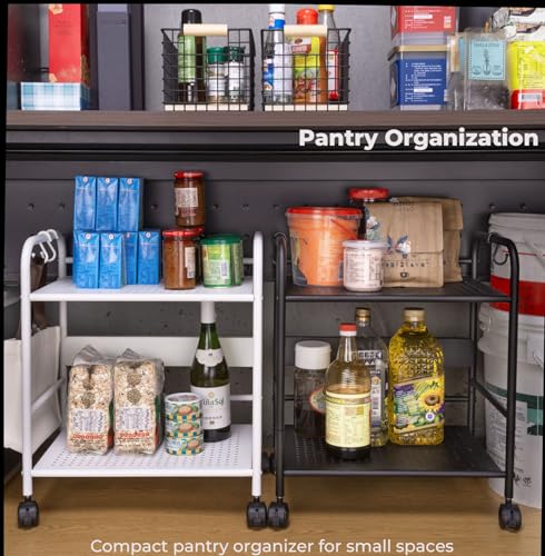 2-Tier Metal Rolling Cart, Compact Under Desk Storage Organizer | 12.2" clearance fits binders & tall bottles; anti-drop safety guard; small space mobile shelf for home, bedroom & office. - color: Black