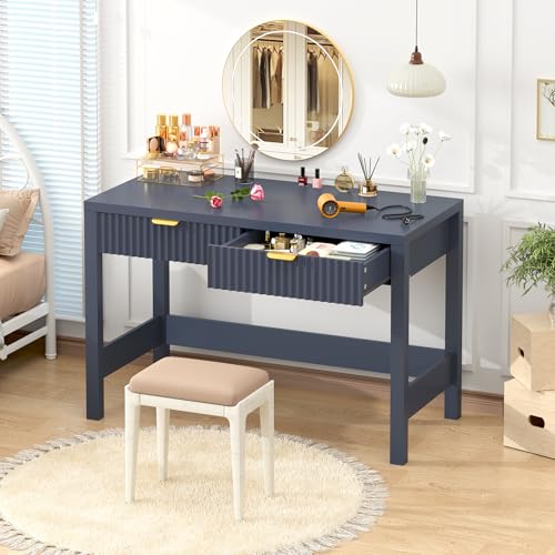 YOMILUVE Fluted Computer Desk with 2 Drawers, 39 Inch Small Computer Desk with Storage, Compact Writing Study Desk for Small Spaces, Blue - color: Blue