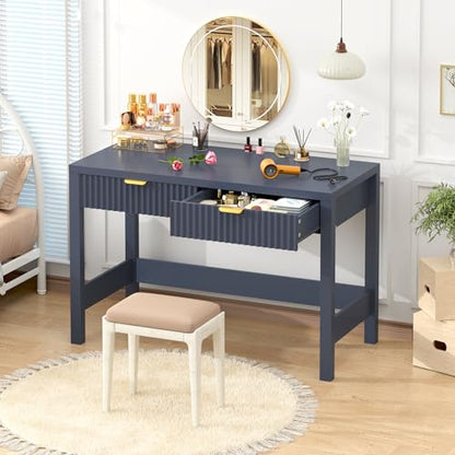YOMILUVE Fluted Computer Desk with 2 Drawers, 39 Inch Small Computer Desk with Storage, Compact Writing Study Desk for Small Spaces, Blue - color: Blue