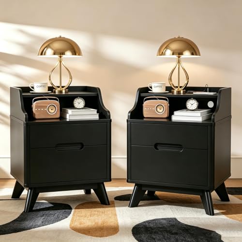 Nightstand Set of 2 with Charging Station, Bedside Table w/2 Drawers, Black | Wood Night Stand with Hidden Handle, Open Shelf Top, Modern End Table for Bedroom Dorm Home Office - color: Black, size: Wide (2 drawer)