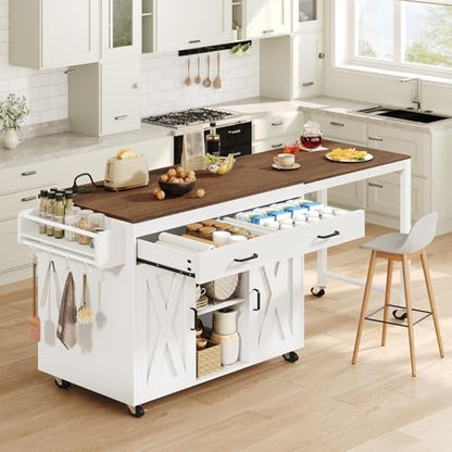 YATINEY Extendable Kitchen Island, Large Mobile Kitchen Storage Island, Rolling Kitchen Cart with Outlets, Island Table for Kitchen, White ZD03UWH - color: White +Walnut