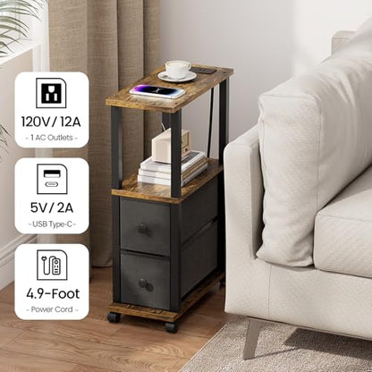 TUTOTAK Small Narrow End Tables, LED Side Tables with 2 Fabric Drawers, Set of 2, Bedside Tables with Charging Station for Small Spaces, Slim Nightstands with USB Ports and Wheels, TB01BB053L - color: Brown, style: with LED Light & Outlets