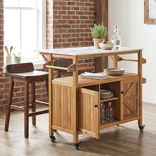 Merax Outdoor Acacia Wood Bar Cart, Natural Finish with Marble-Effect Top | Lockable Wheels & Bottle Holders for Indoor, Outdoor, Patio - style: Style 2