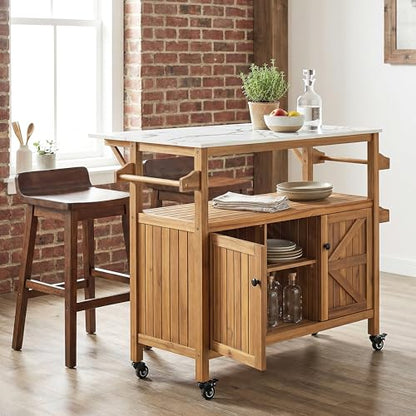 Merax Outdoor Acacia Wood Bar Cart, Natural Finish with Marble-Effect Top | Lockable Wheels & Bottle Holders for Indoor, Outdoor, Patio - style: Style 2
