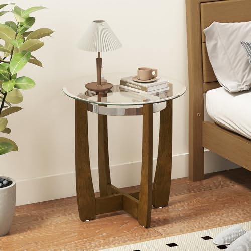Giantex Round Glass End Table Set of 2, 24’’ Side Table with Tempered Glass Top, Nightstands with Cross & Solid Rubber Wood Base, Compact Bedside Night Stand for Bedroom Office Living Room (2, Walnut) - color: Walnut