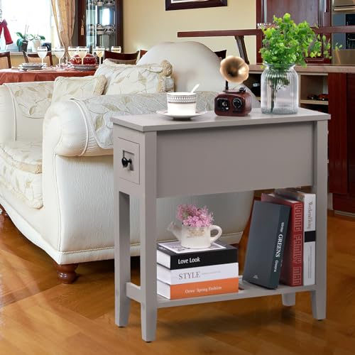 Grey Chairside Narrow End Table, Solid Recliner Side Table with Drawer, Slim Nightstand Bedside Table for Living Room Bedroom - size: 1 set grey
