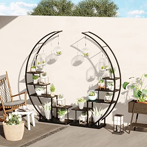 5 Tier Metal Plant Stand Indoor, 67.25“ Tall Half Moon Shape Multiple Stand Holder Shelf Planter Display, Hanging Shelf Flower Stand Ladder for Patio Garden Living Room, Black Set of 2