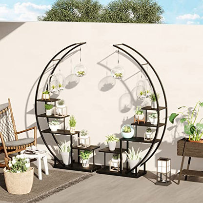 5 Tier Metal Plant Stand Indoor, 67.25“ Tall Half Moon Shape Multiple Stand Holder Shelf Planter Display, Hanging Shelf Flower Stand Ladder for Patio Garden Living Room, Black Set of 2