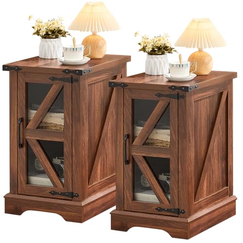 Joaxswe Narrow Night Stand Set 2, Farmhouse Side End Table with Glass Barn Door Storage, Bedside Tables, Retro Nightstand Cabinet Organizer for Small Spaces Living Room Bedroom - color: Retro Brown, size: without Charger