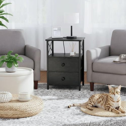 AMHANCIBLE Nightstands Set of 2, Large Night Stand with Charging Station | Bedside Table with 2 Fabric Drawers, End Side Tables Living Room, with Open Shelf, USB Ports Outlets, for Bedroom, Black - color: Black