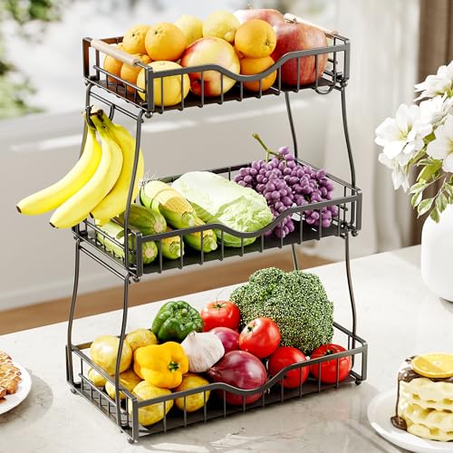3 Tier Fruit Basket for Kitchen Countertop with 2 Banana Hangers,Detachable Metal Fruit Bowl with Wooden Handles and Protective Pads,Large Capacity Fruit and Vegetable Basket Organizer,Black - color: Black, size: 3 Tier