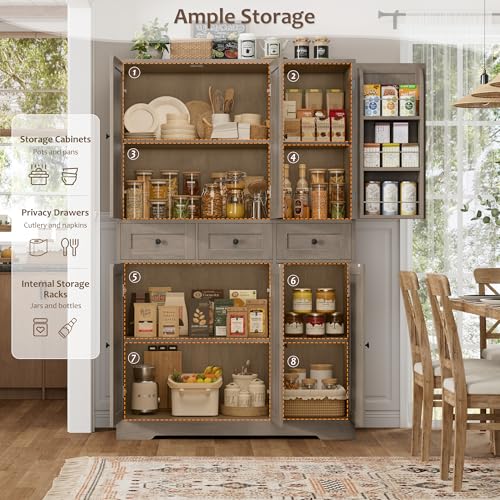 HOSTACK Farmhouse Kitchen Pantry Storage Cabinet with 3 Drawers, Ash Gray | 67"H Large Food Pantry Cabinet with Swing-Out Door Rack & Adjustable Shelf for Kitchen, Dining room, Living room - color: Ash Gray