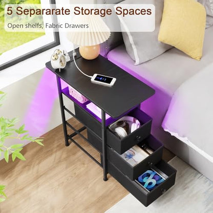 AMHANCIBLE Narrow End Table Living Room with Charging Station, Slim LED Nightstand with Fabric Drawers, Skinny Side Table for Bedroom, Small Spaces, Couch, Black, HETN013LBK-1 - color: Black, style: LED Light & Power
