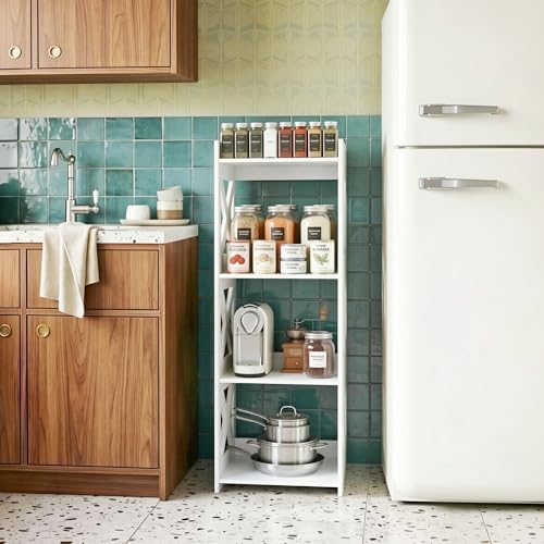 4-Tier Narrow Corner Bathroom Floor Stand, Waterproof PVC, White | Storage Shelf, Rack, Holder, Fits Tight Spaces, for Toilet Side, Laundry, Shower, Kitchen Spice Rack, Easy to Clean, 37”H - size: 4 Tier