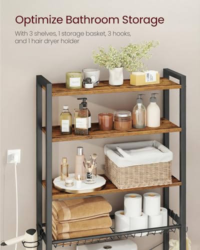VASAGLE BARNET Collection - Over the Toilet Storage, Over Toilet Bathroom Organizer with Adjustable Shelves and Basket, 3 Hooks, Space Saving, 9.4 x 23.6 x 68.1 Inches, Rustic Brown UBTS114KD01S - color: Rustic Brown, style: 4 Tiers (68.1" H)